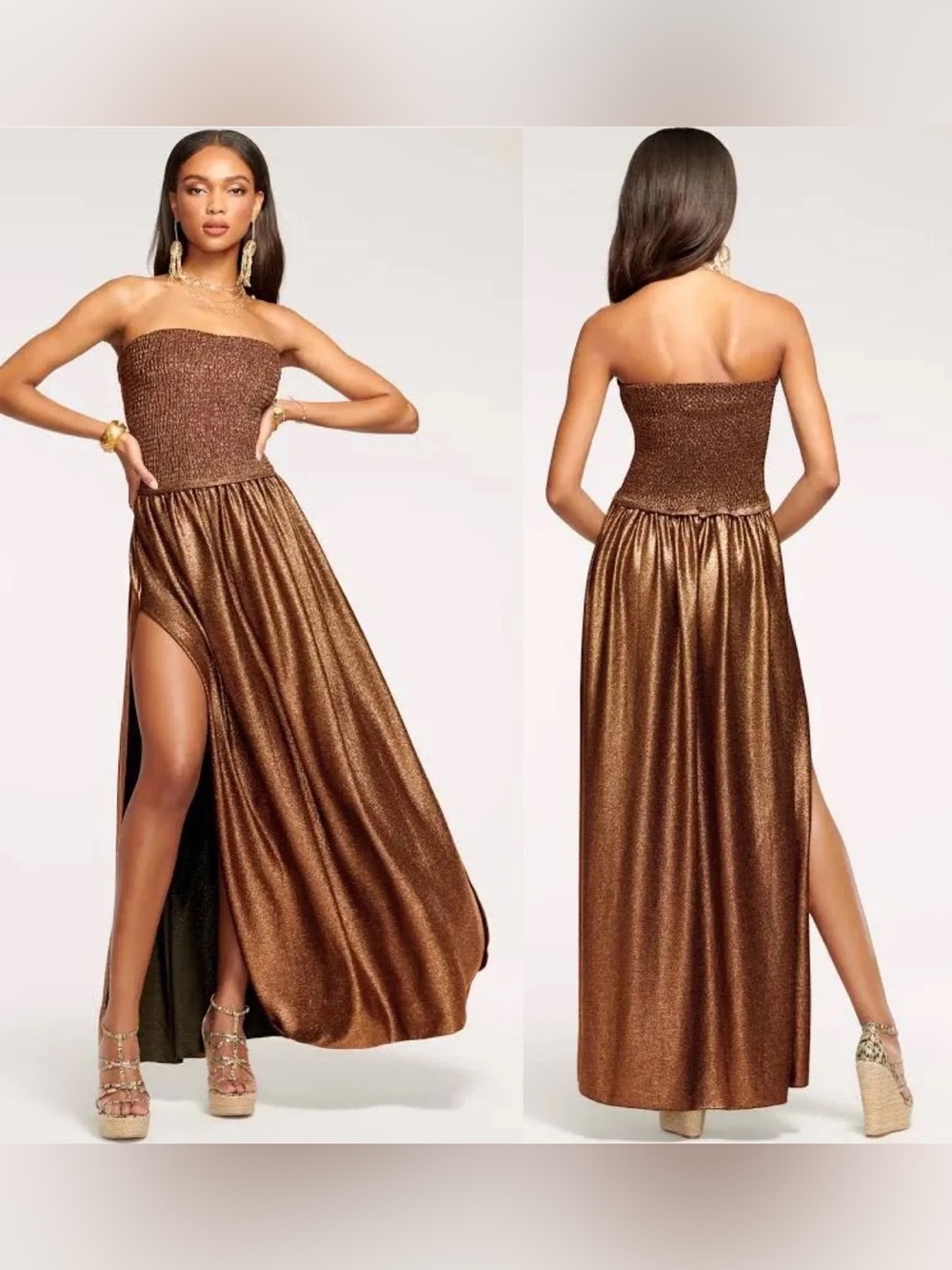 Ramy Brook Calista Metallic Smocked Maxi Dress Size XS/S Bronze Copper Event